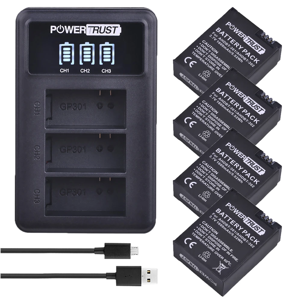 3,7 V 1600 mAh AHDBT-301 AHDBT301 AHDBT 301 Li-Ionen-Akku für GoPro Hero3 + LED 3-Kanal-USB-Ladegerät für Gopro Hero