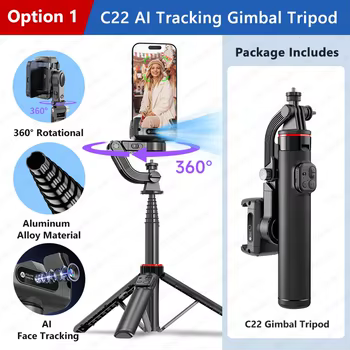 C22 AI Face Tracking Handheld Gimbal Stabilizer 360° ° Rotation Shoot Selfie Stick Stativ für Mobiltelefon, 1/4'' Schraube für Kamera