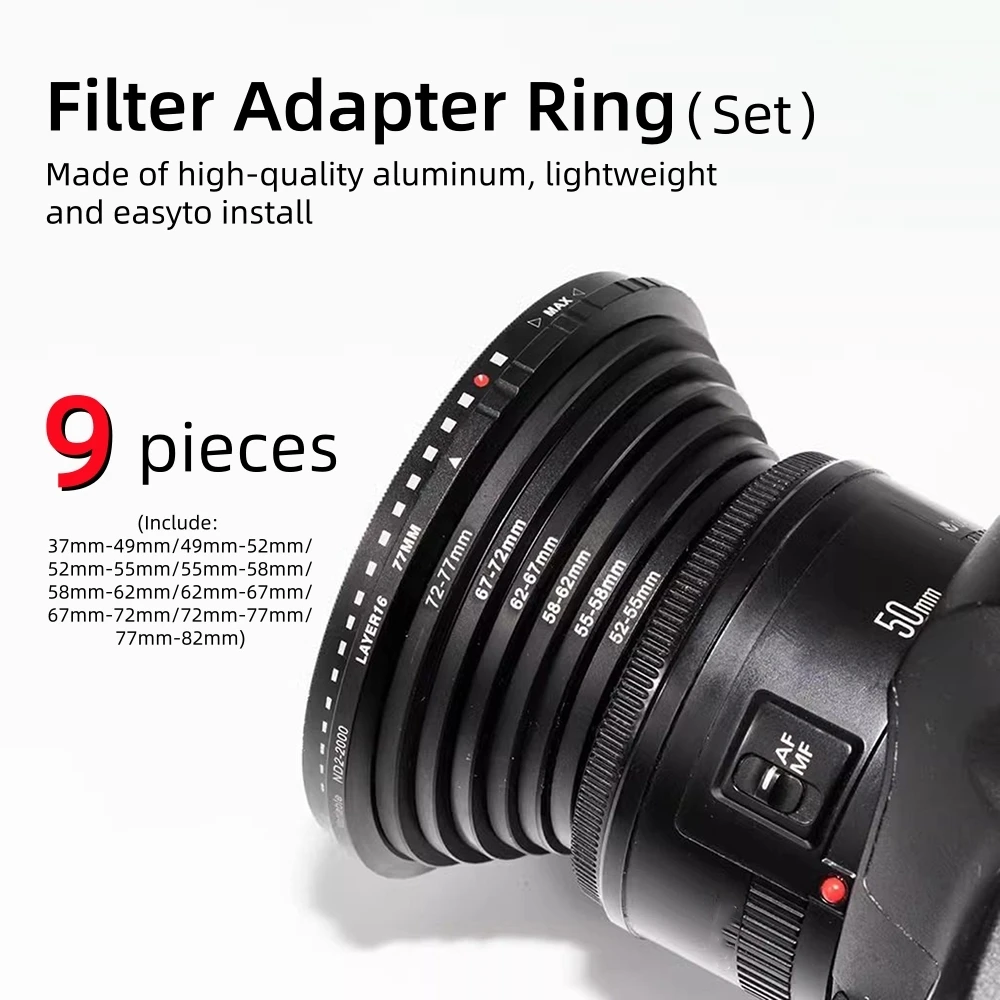 9-teiliges Kameraobjektiv-Filteradapterring-Set 37mm 49mm auf 52mm 55mm 58mm 62mm auf 67mm 72mm 77mm 82mm