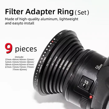 Kameraobjektiv-Filteradapterring-Set 37mm 49mm auf 52mm 55mm 58mm 62mm auf 67mm 72mm 77mm 82mm (9 Stück)