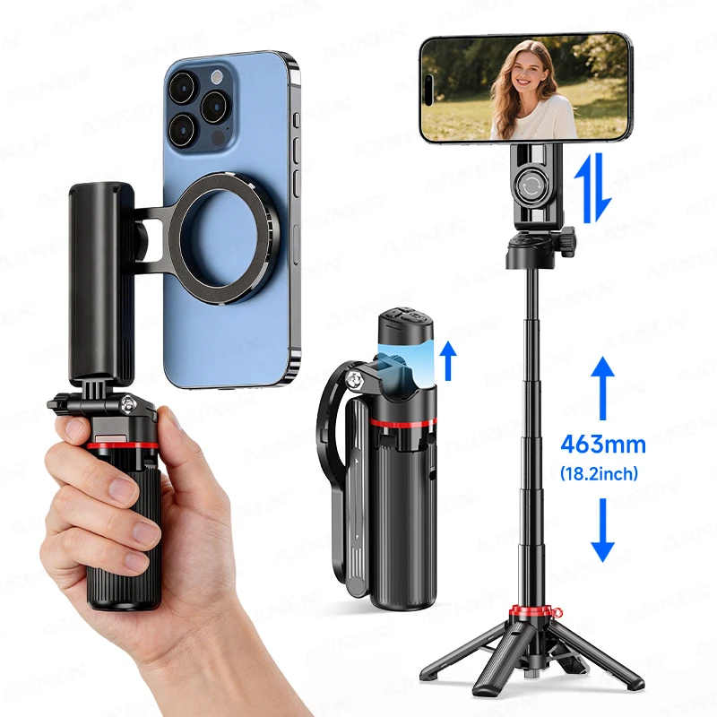 Magnetischer Mini-Selfie-Stick Stativ für Mobiltelefone mit Verlängerungsstab, Kabelloser Fernbedienung, Optionaler Beleuchtung, für Smartphone-Vlog-Aufnahmen