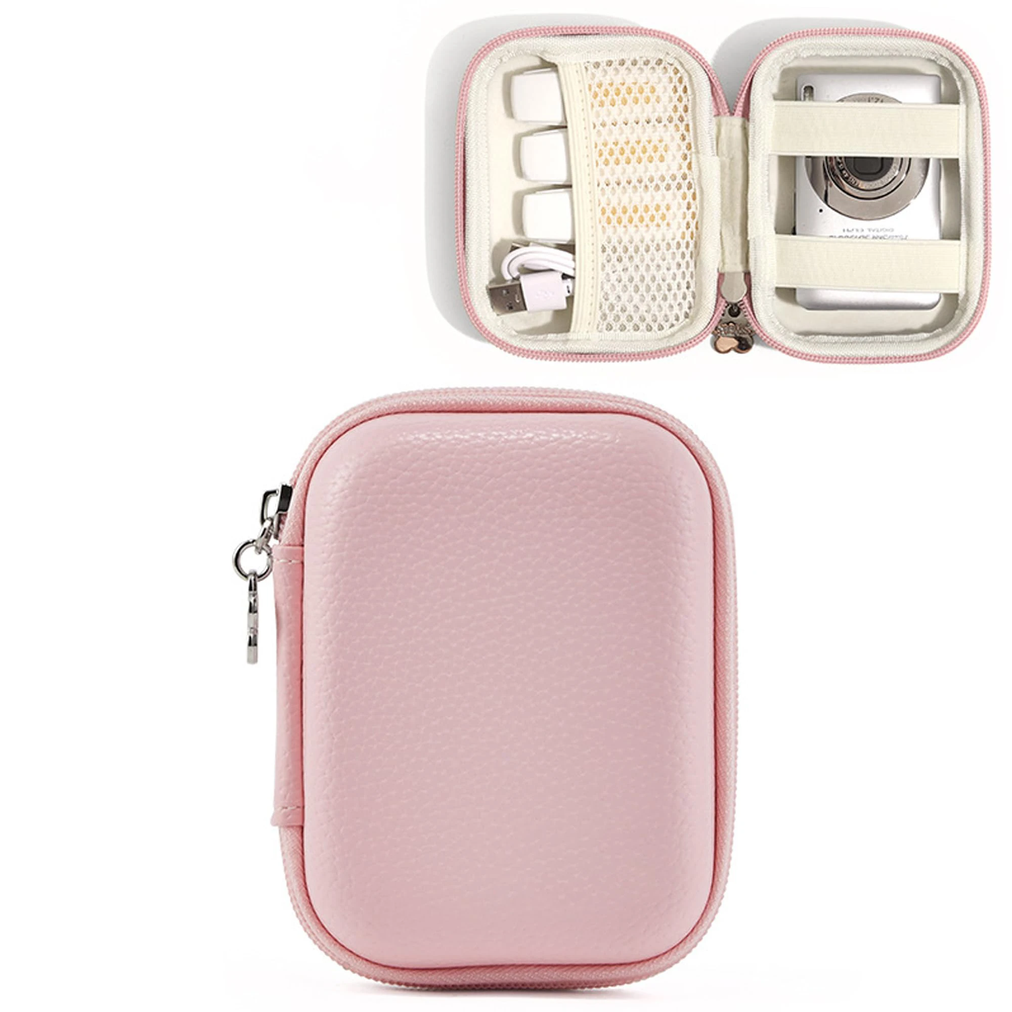 Digitalkameratasche für CAMKORY, kleiner Reise-Kompaktkamerahalter mit Netztasche für Zubehör, SD-Karte (Rosa)