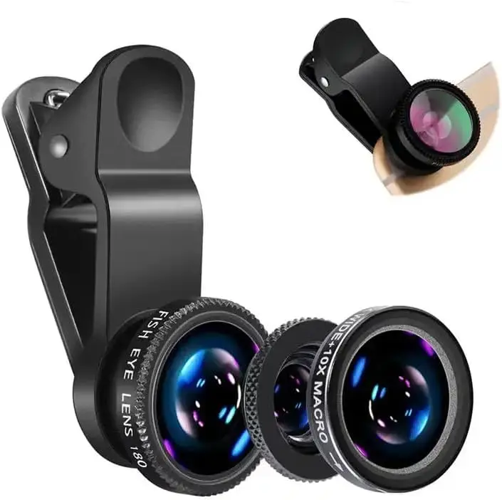 3-in-1 Fisheye Weitwinkel Mikro-Kameraobjektiv für iPhone Xiaomi Redmi 3-in-1 Zoom Fischaugen-Objektiv für Smartphone-Objektive mit Telefonclip