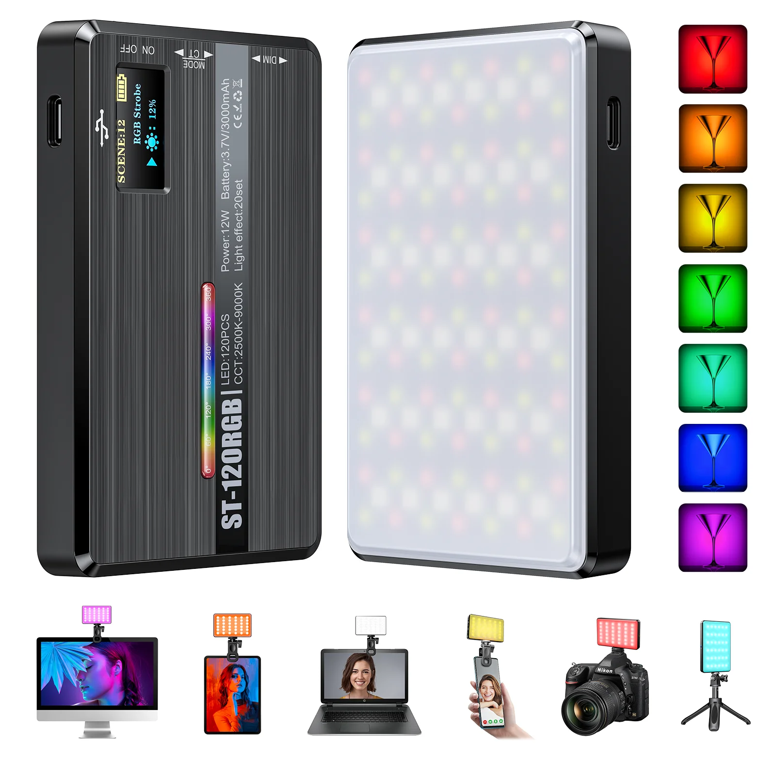 ST-120 RGB LED-Kamera Licht Vollfarb ausgang Video Lampe Kit dimmbar 2500k-9000k zweifarbig Panel Licht