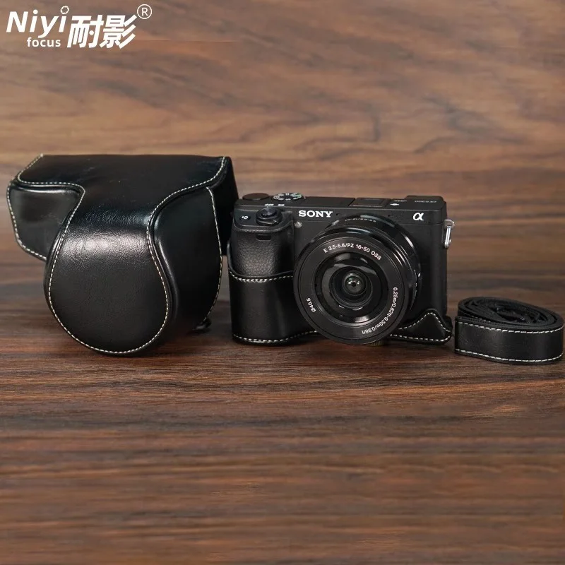 Leder-Halbhülle für Sony A6400, A6100: Retro-Ledertasche, Kameratasche, schützende Halbgehäuse-Schrauben mit Schulter- und Nackengurt
