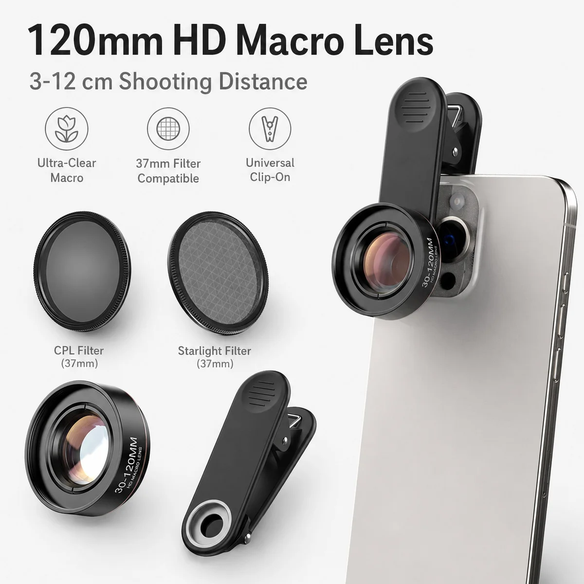 30-120mm Makro-Handyobjektiv 10X HD Nahaufnahme Universelles Clip-On Mobilkamera-Objektiv für iPhone Samsung Xiaomi