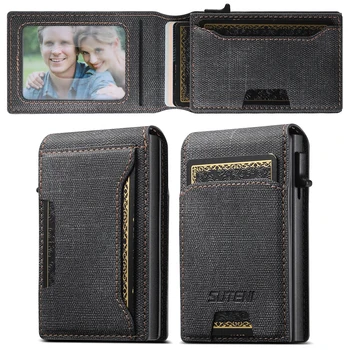 Push-out-Kartenhalter aus hochwertigem Kunstleder, Brieftaschenhalter mit großer Kapazität, kann 1-12 Karten und 1 Foto