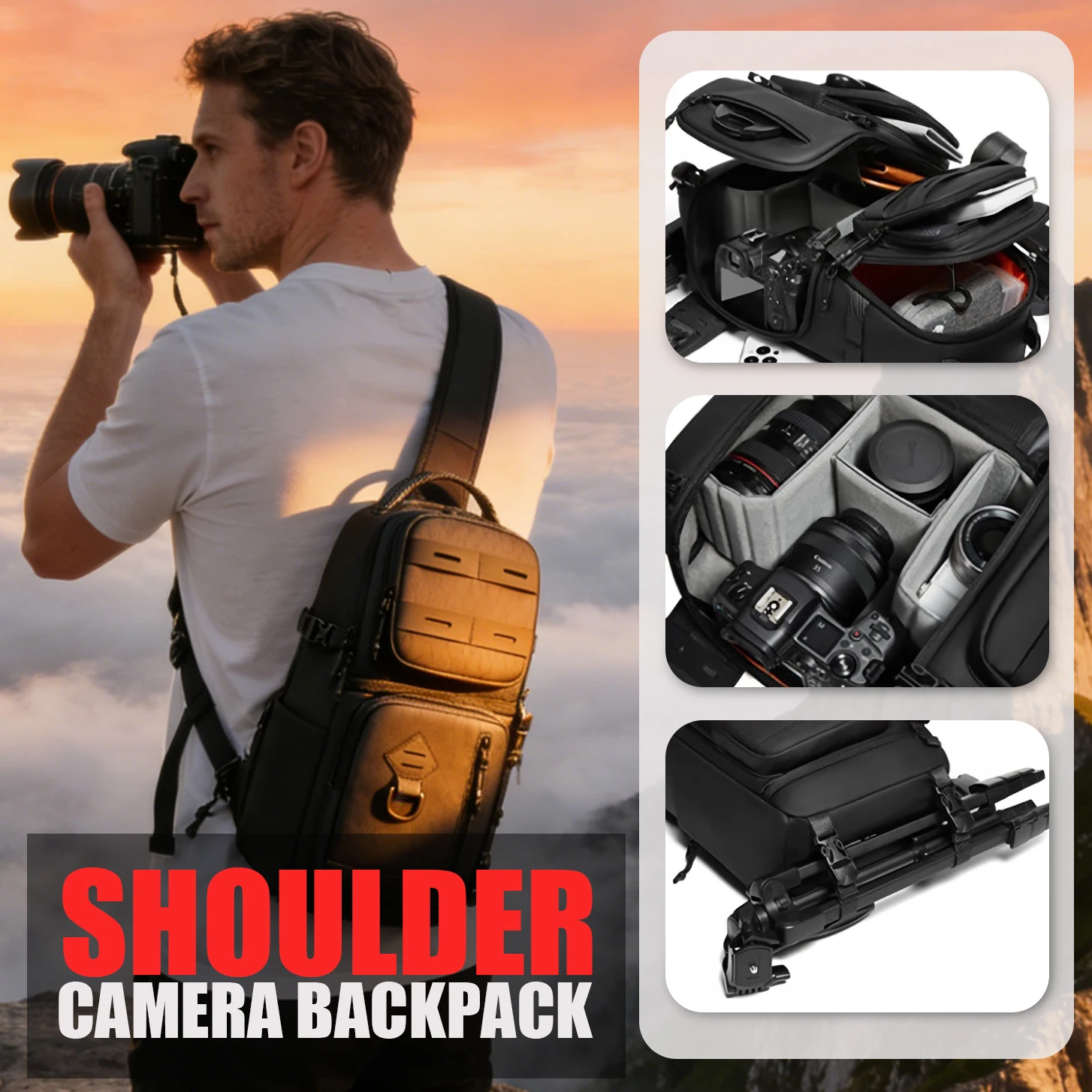Kamera-Umhängetasche Crossbody-Rucksack für DSLR/Spiegellose Kameras, Stoßfeste Fototasche mit Stativhalterung &