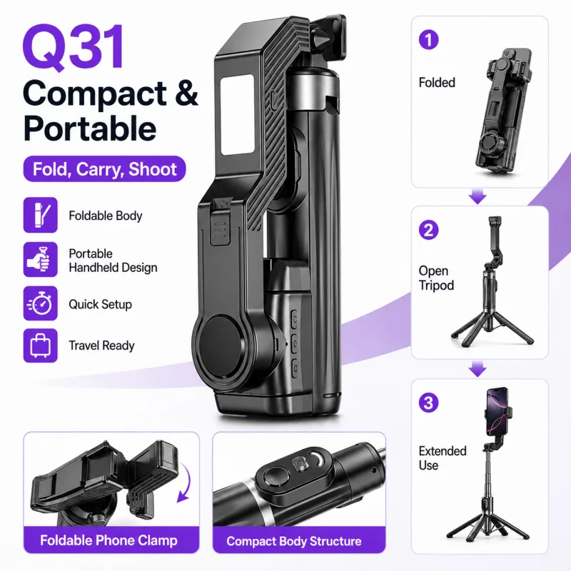 Q31 Anti-Shake Smartphone-Stabilisator Selfie-Stick, Einachsiger Gimbal-Stativ-Ständer für Live-Streaming, Vlog und