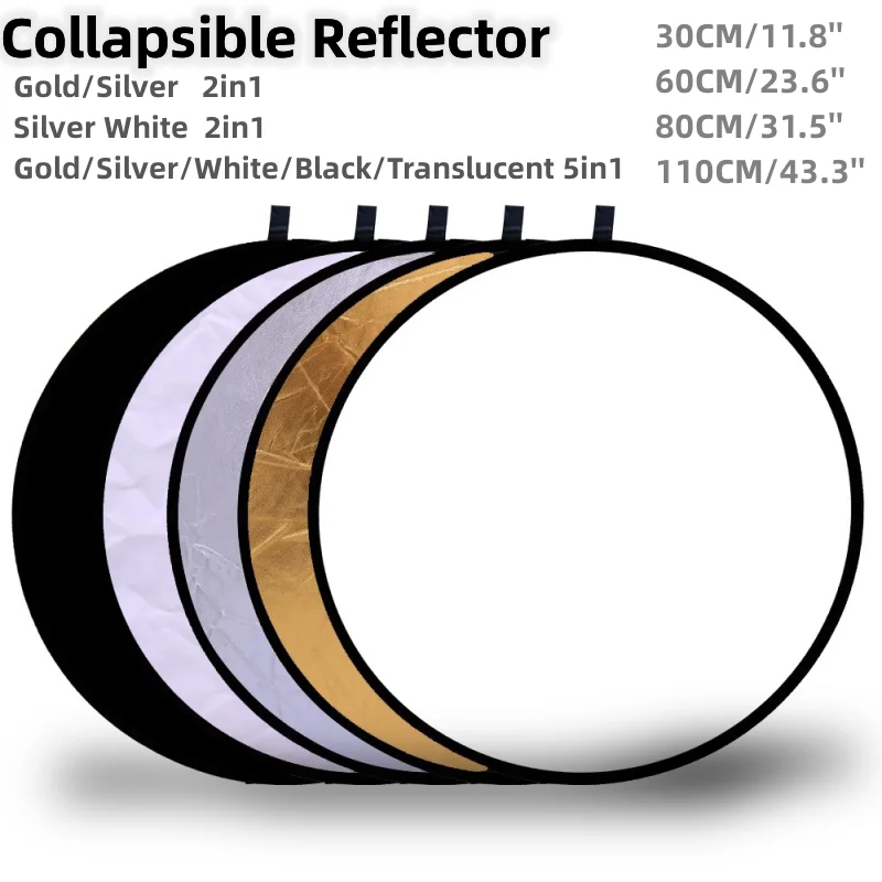 RF01 24-Zoll-Reflektor 5in1 30CM 60CM 80CM 110CM Silber Weißgold Tragbare zusammenklappbare weiche leichte runde