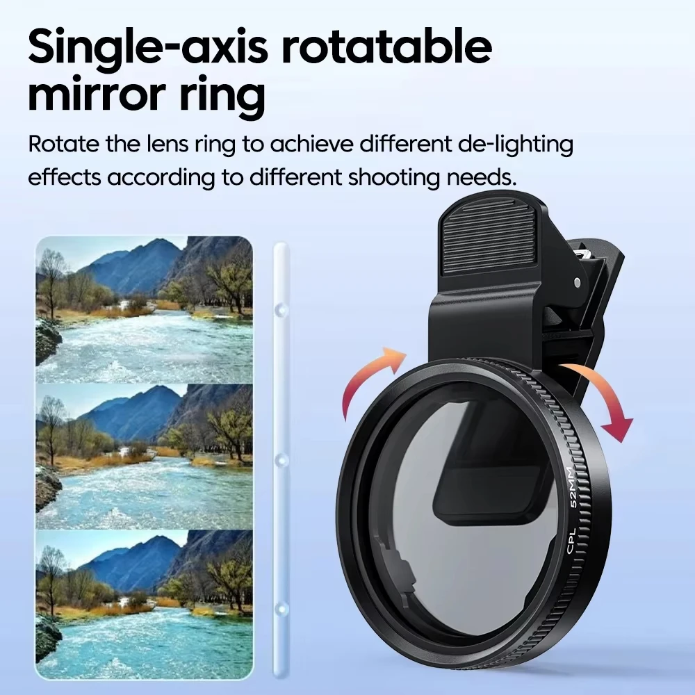 52 mm Clip-On-CPL-Telefonkamera-Objektivfilter, ultradünner kreisförmiger Polarisationsfilter, verbessert die Farbsättigung, reduziert Blendung