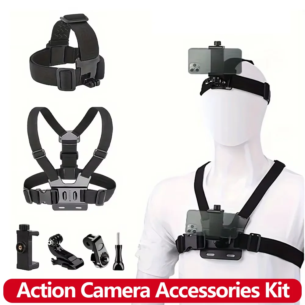 All-in-One Action-Kamera-Zubehör-Set, Kopfgurt, Brustgurt-Halterung, verstellbar, für GoPro Hero Phone Osmo SJCAM AKASO insta360