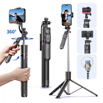 F16 Selfie-Stick-Stativ mit 1708 mm langem 8-teiligen Stange, Bluetooth-Fernbedienung, 360 ° Rotation, 1/4