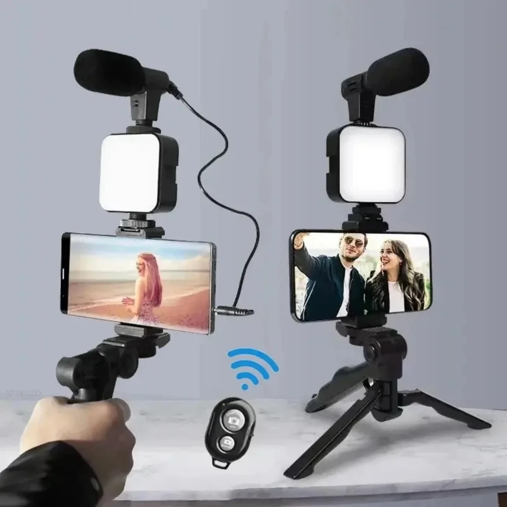 Smartphone Vlogging Kit mit Stativ Telefonhalter Mini Mikrofon LED Fülllicht Starter für TikTok Live Stream Video YouTube