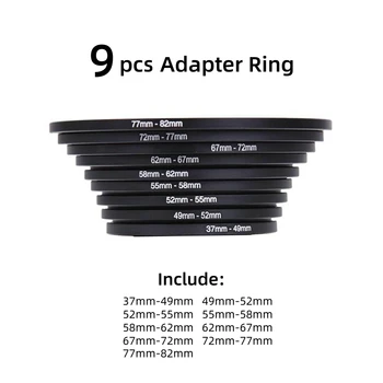 9-teiliges Kameraobjektiv-Filteradapterring-Set 37mm 49mm auf 52mm 55mm 58mm 62mm auf 67mm 72mm 77mm 82mm
