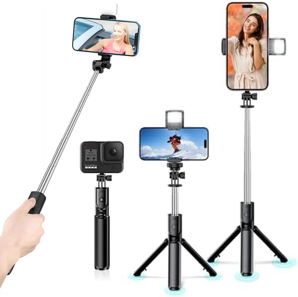 Bluetooth Wireless Selfie Stick Stativ mit Licht Fernbedienung Ausziehbares Stativ für iPhone Handy Tiktok Live
