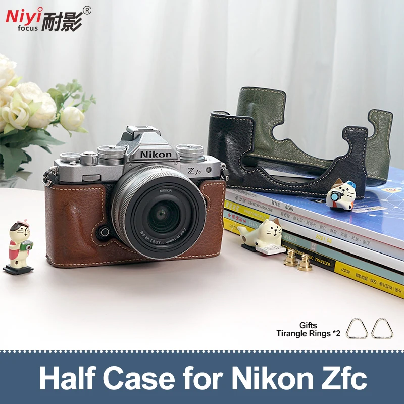 Leder-Halbhülle für Nikon Zfc: Kamera halbe Hülle Kamera mit Schulter gurt Hals riemen Hands ch laufe Büffel Textur unten offen