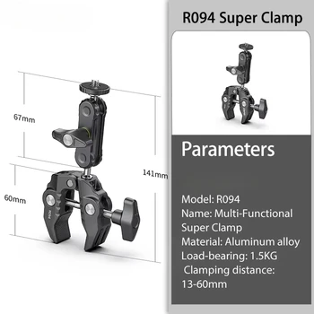 U-lanzi R094 Metall-Superklemme mit Doppelkugelkopf, magische Armklemme mit 1/4 Zoll 3/8 Zoll Loch für DSLR-Kamera